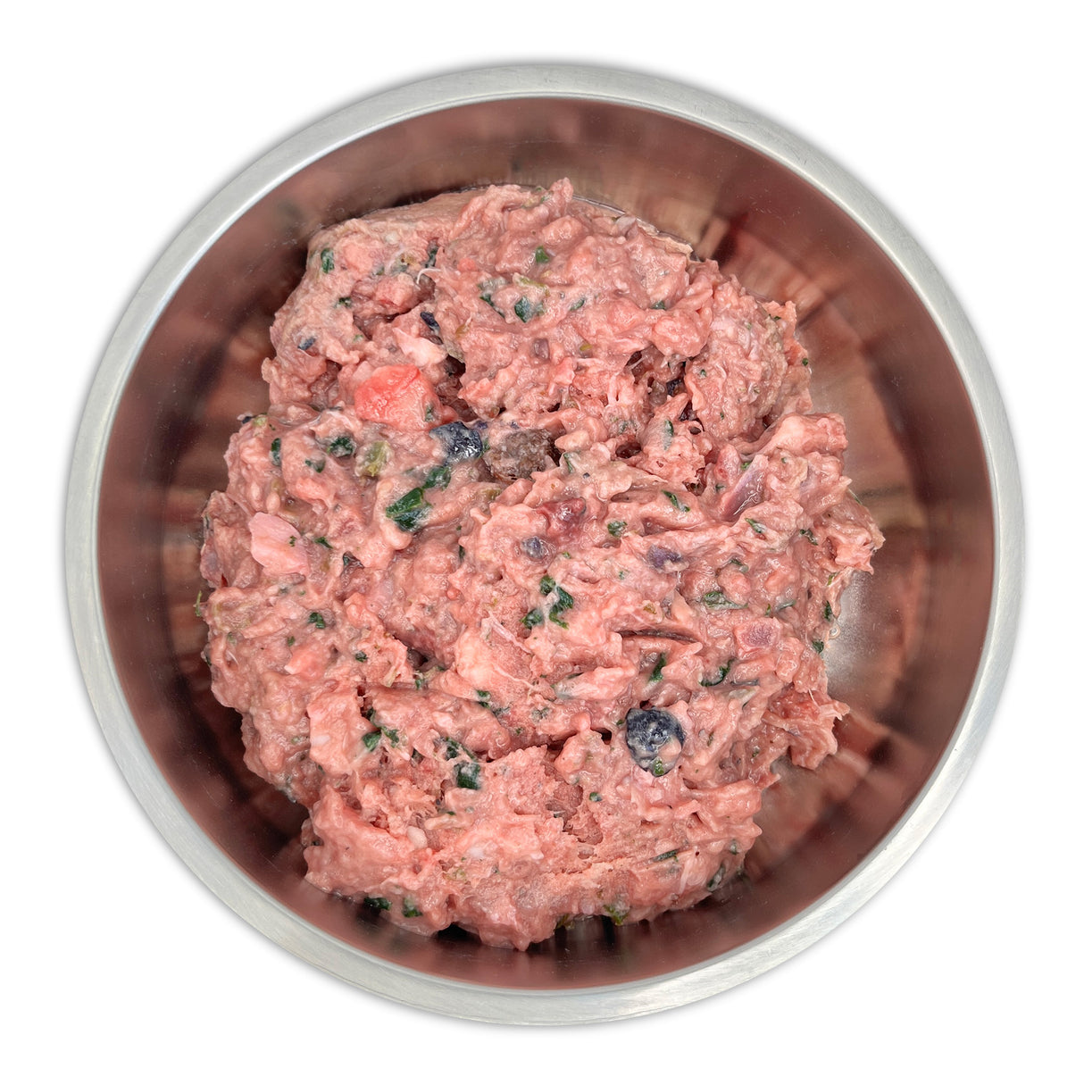 Big Country Raw XL Chicken: Stainless-steel bowl with minced meat mix, featuring chicken, organ meats, herbs, veggies, and berries, ideal for large dog raw diets.