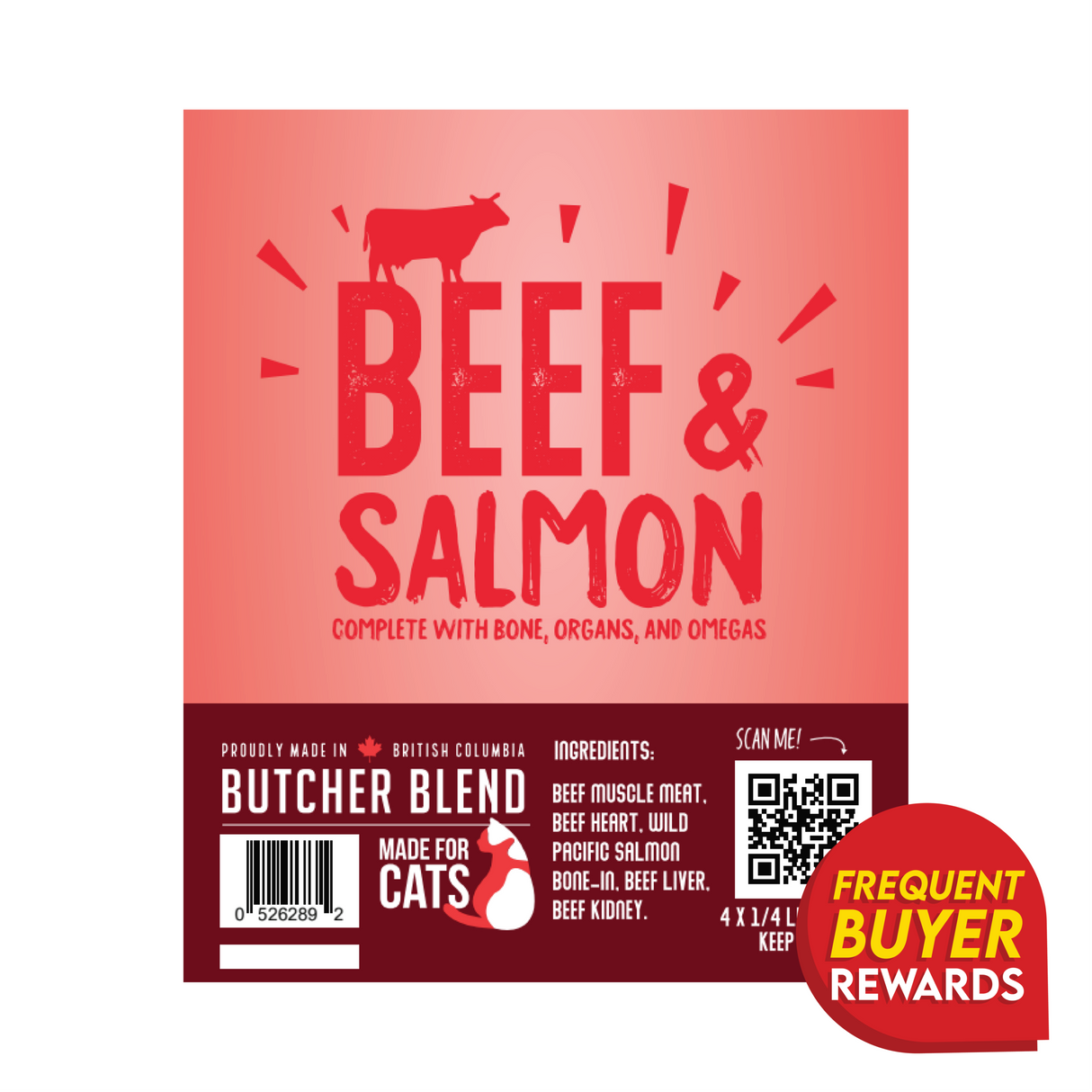 Butcher Blend Beef & Salmon for Cats label features key ingredients and benefits, cat graphic, QR code, and rewards badge, emphasizing raw, finely ground feline diet.