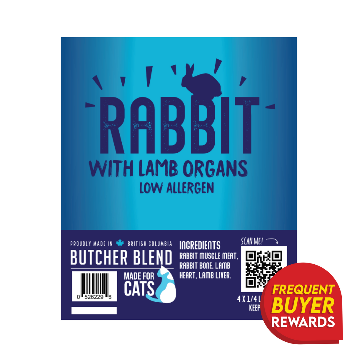 Butcher Blend Rabbit Limited Ingredient for Cats label with rabbit silhouette, lamb organ details, low allergen tag, and features like a QR code and rewards badge.