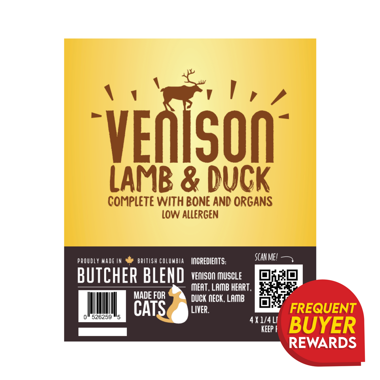 Butcher Blend Venison, Lamb & Duck for Cats label highlighting Complete with bone and organs, made in British Columbia, with Frequent Buyer Rewards badge and ingredient details.