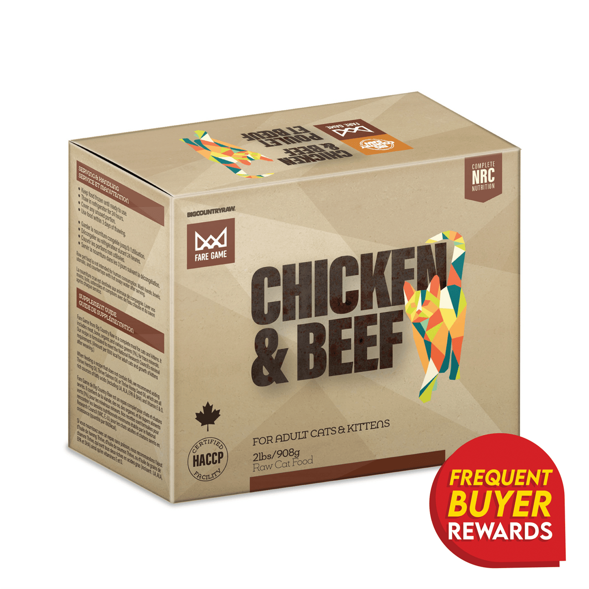 Fare Game Chicken & Beef by Big Country Raw, 2 lb package with geometric cat graphic, NRC nutrition formula for cats, HACCP certified, includes 4 vacuum-sealed portions.
