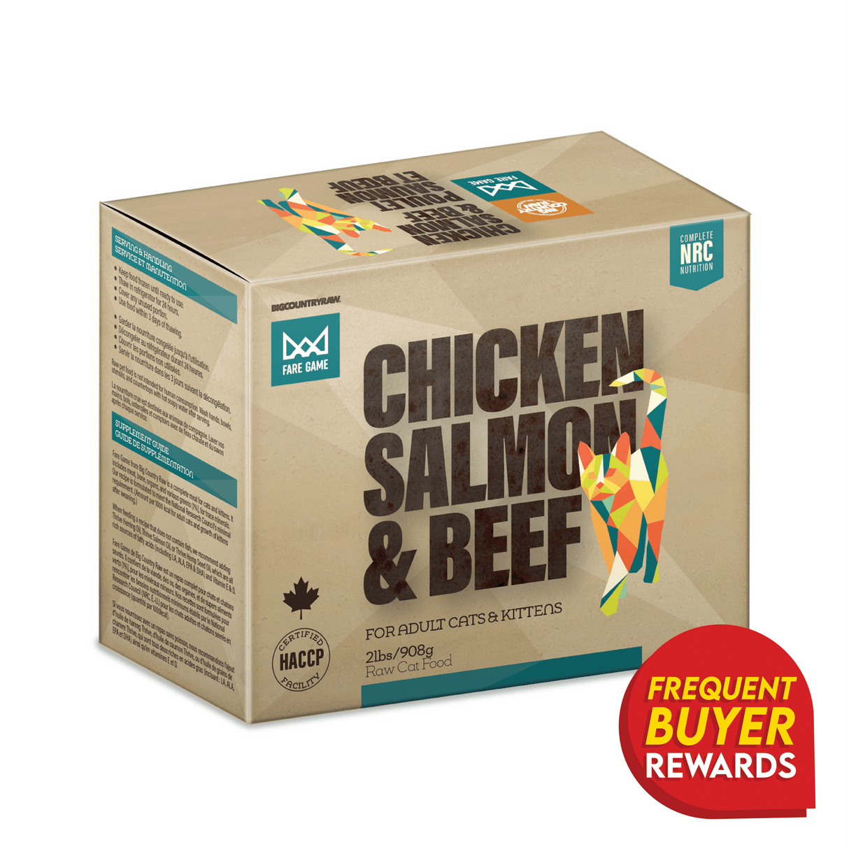 Fare Game Chicken & Salmon with Beef by Big Country Raw, 2 lb box. Features HACCP certification, geometric cat design, and a frequent buyer rewards badge.