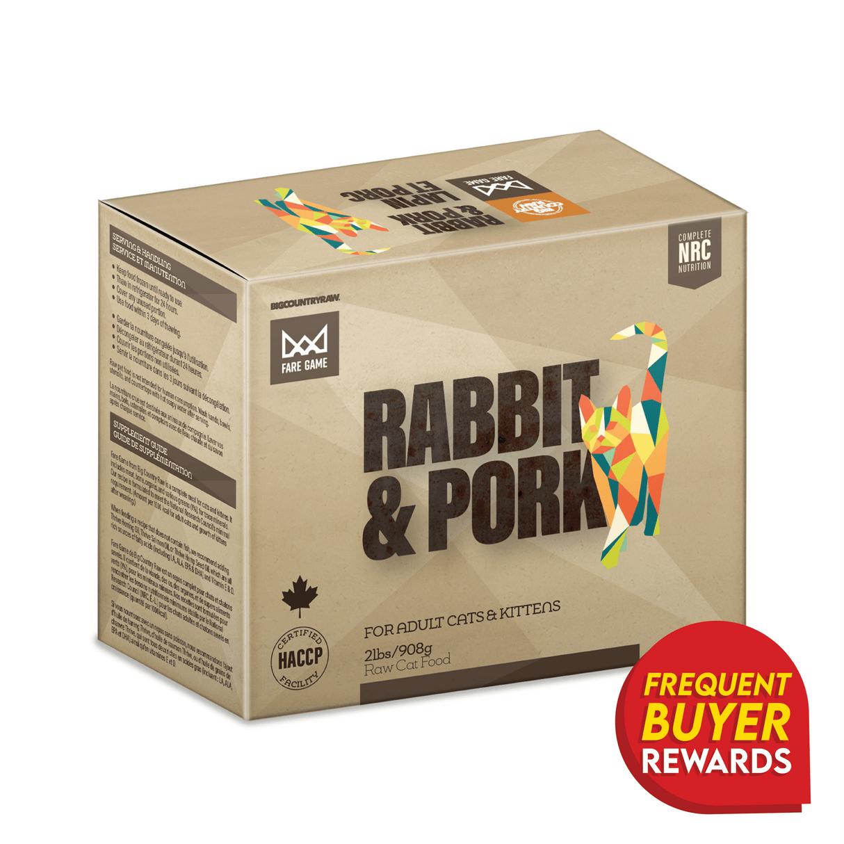 Fare Game Rabbit with Pork by Big Country Raw, 2 lb box featuring a polygonal cat graphic, NRC nutrition, HACCP certification, and buyer rewards badge.