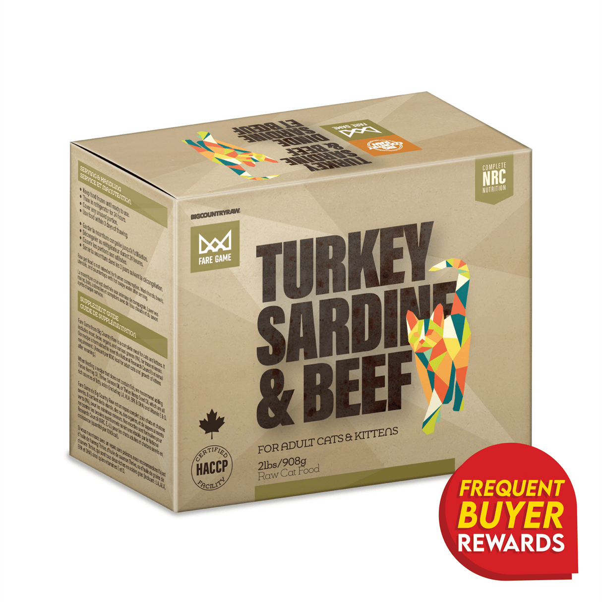 Fare Game Turkey and Sardines with Beef by Big Country Raw, 2lb box with geometric cat graphic and Frequent Buyer Rewards badge, $8.50/lb.