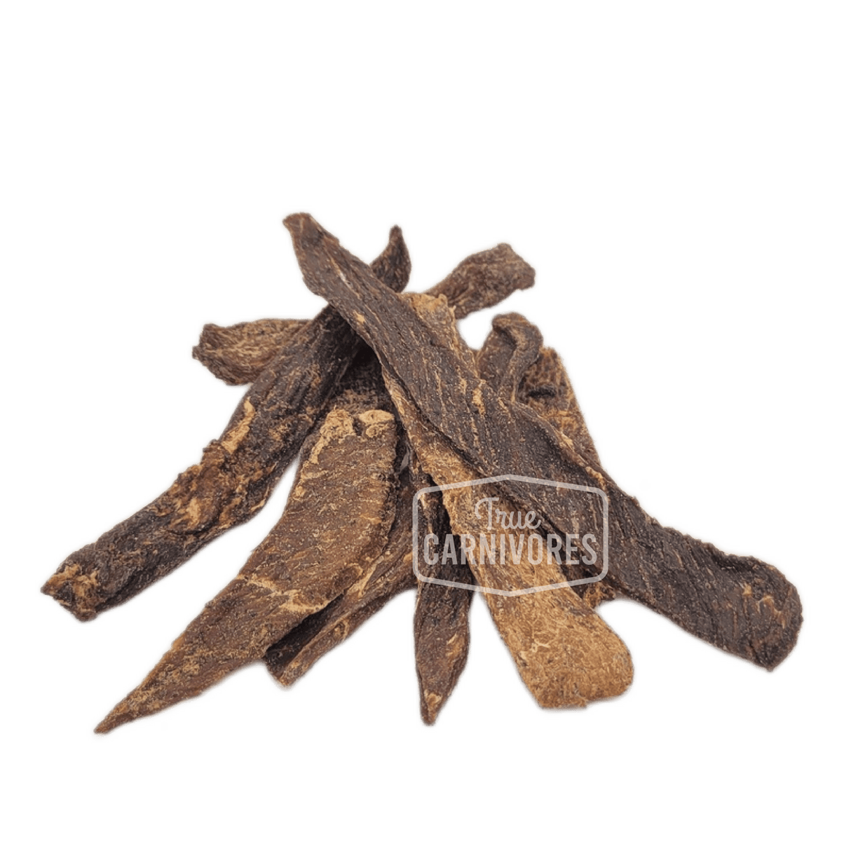 Pile of True Carnivores One Ingredient Dehydrated Beef Brisket jerky, freeze-dried strips ideal for pet training or as nutritious treats.