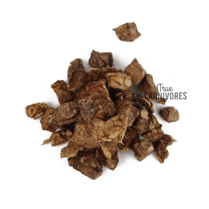 One Ingredient Dehydrated Beef Lung Protein Bites, small irregular brownish chunks of freeze-dried meat, ideal for pet training and enrichment, free from additives or fillers.