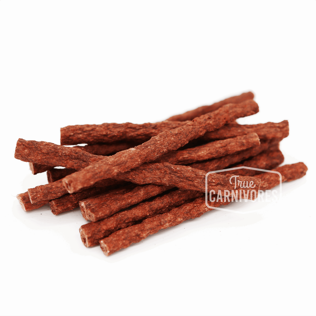 One Ingredient Beef Sticks 150g, dog treats made from dried beef esophagus, stamped with True Carnivores logo, ideal for training and dental health.