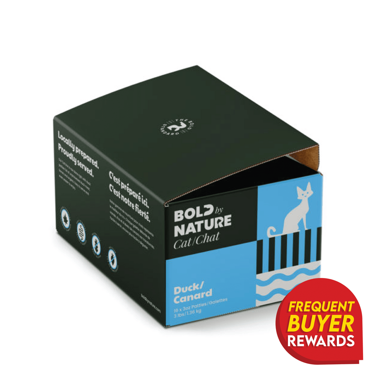 Bold By Nature Duck for Cats: 10-count pack of 3 oz raw duck pâté, featuring Frequent Buyer Rewards badge, ideal for sensitive cats.