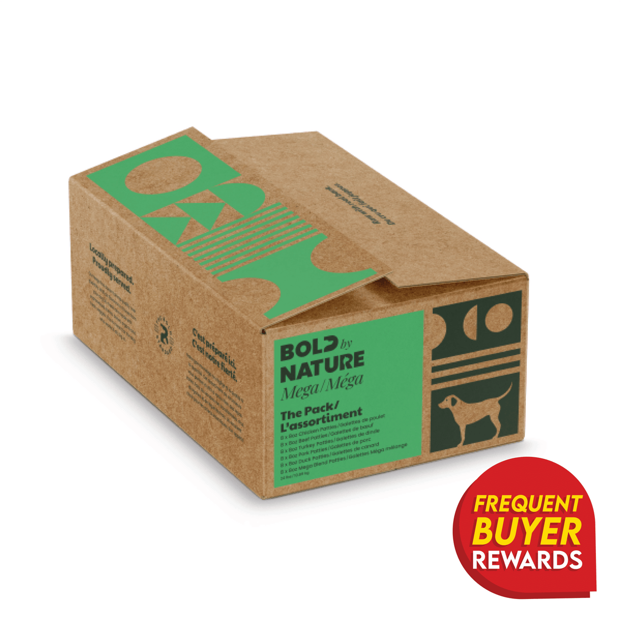 Bold by Nature The Pack Mega Variety box with green label, dog outline, and Frequent Buyer Rewards badge, containing assorted raw dog food patties.