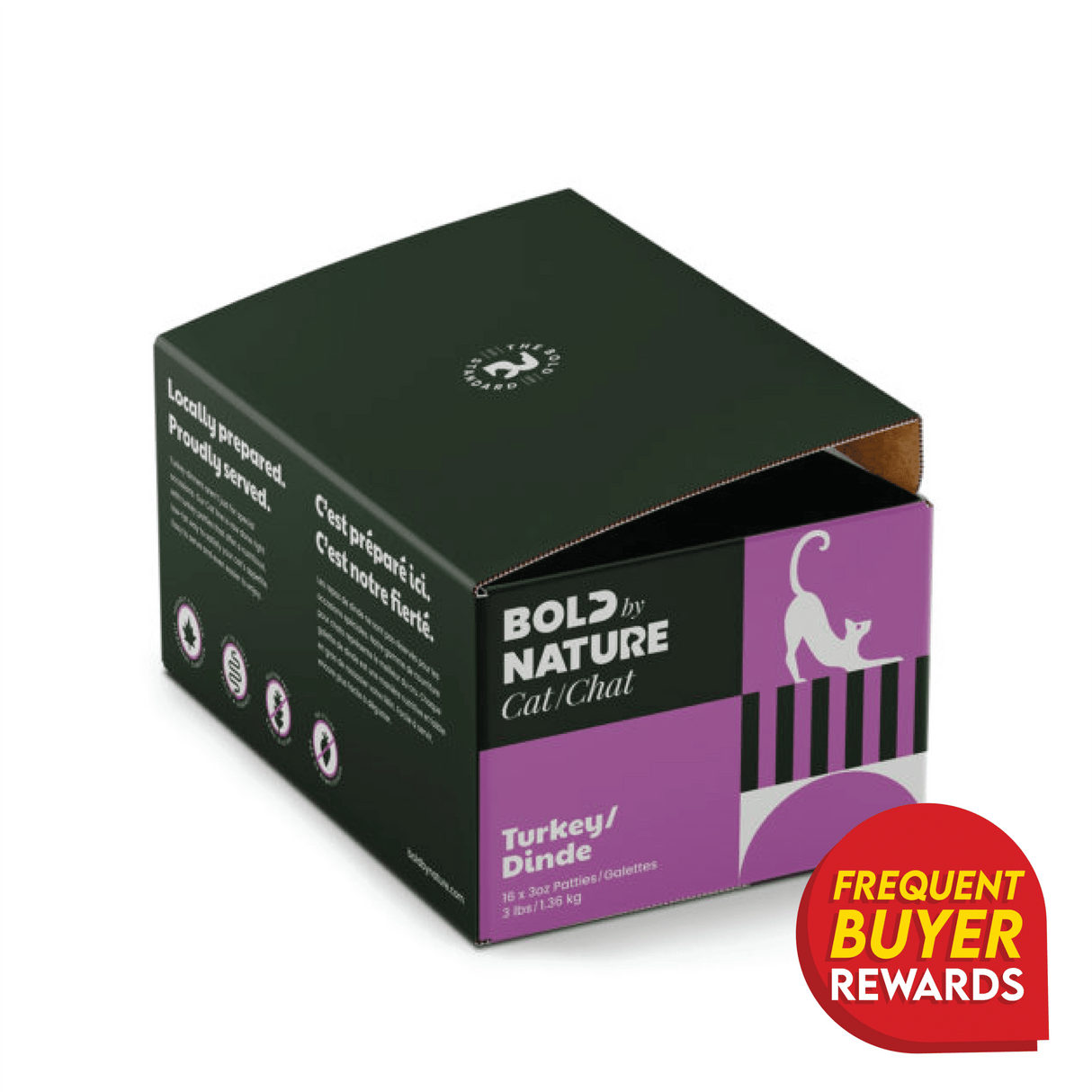 Bold By Nature Turkey for Cats box with 18 turkey-flavored patties, bilingual label, cat graphic, and “Frequent Buyer Rewards” badge. Nutrient-rich, lean, moisture-packed recipe.