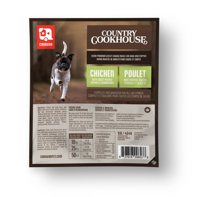 Caravan Country Cookhouse Chicken dog meal pouch, featuring a running dog graphic, nutrition details, and instructions for a complete, balanced canine diet.