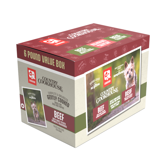 Caravan Country Cookhouse Beef: 6-pound box of human-grade, complete frozen raw dog food with beef, sweet potato, spinach, and blueberries. Features terrier image on the packaging.