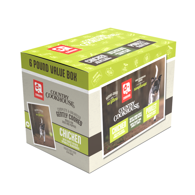 Caravan Country Cookhouse Chicken dog food package, 6-pound box with six meals, featuring chicken, spinach, blueberries; labeled human-grade, no fillers, complete & balanced.