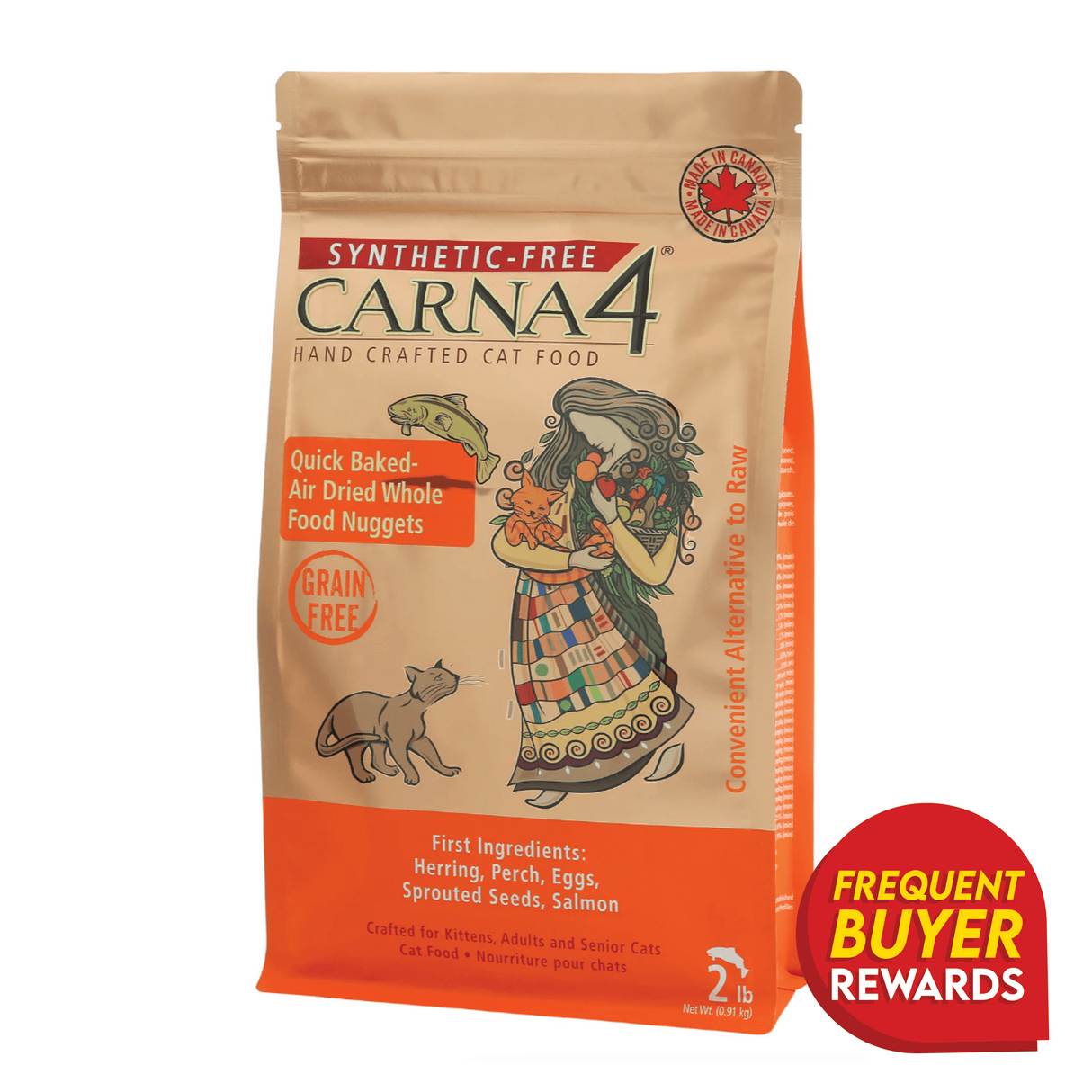 Carna4 Fish Dry Cat Food, a 2-lb. bag with grain-free, air-dried nuggets. Features herring, perch, and salmon; includes “Made in Canada” and “Frequent Buyer Rewards” badges.