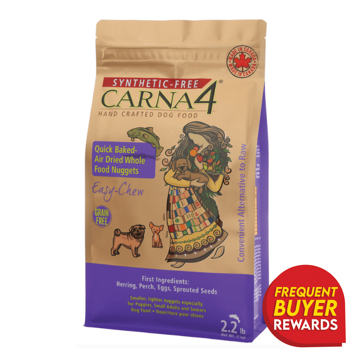 Bag of Carna4 Fish - Synthetic Free Dry Dog Food, featuring Easy-Chew nuggets, quick-baked with herring, perch, eggs, sprouted seeds; includes Frequent Buyer Rewards badge.