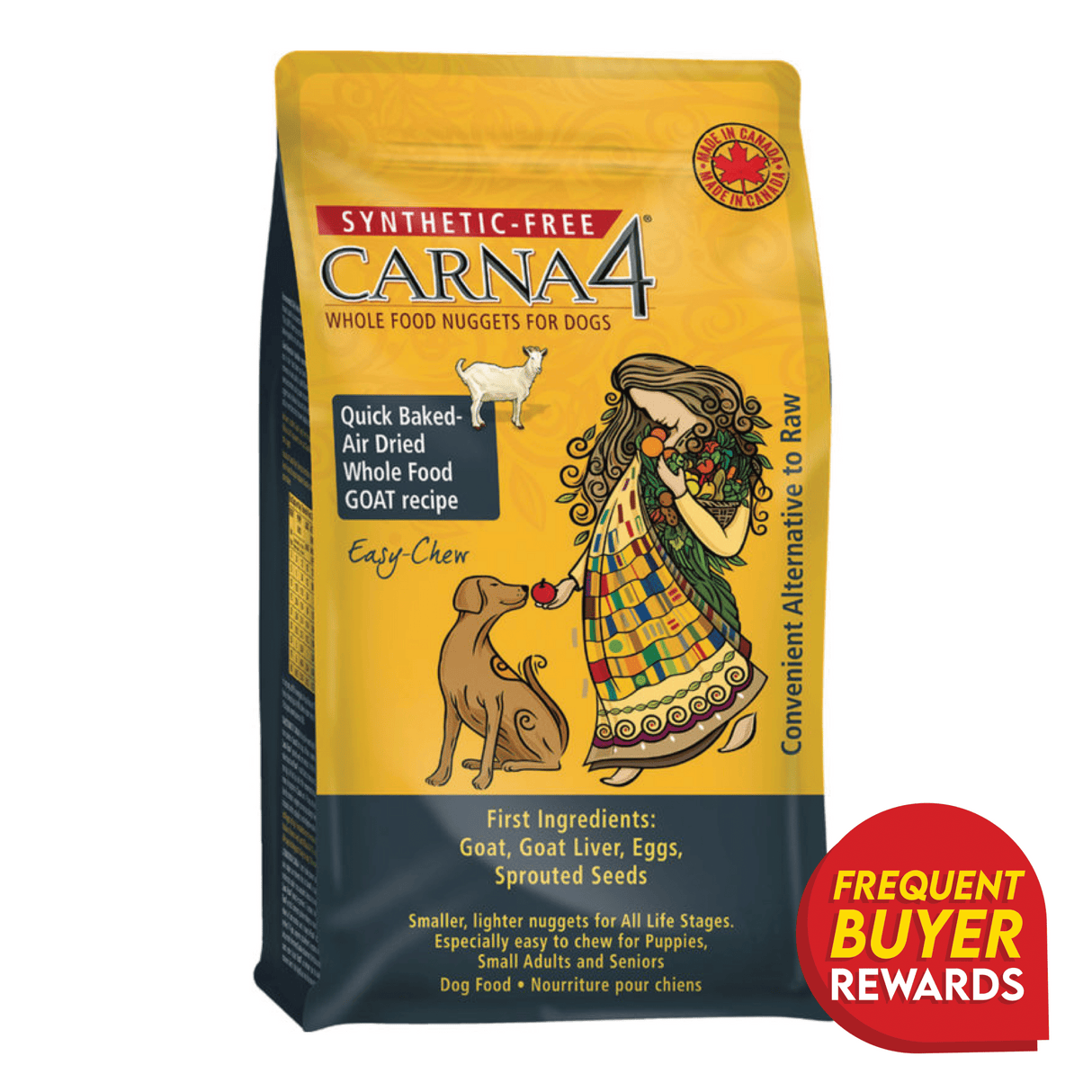 CARNA4 Goat for Dogs: Quick-baked, air-dried nuggets with goat, goat liver, eggs, sprouted seeds. Easy-chew, made in Canada, synthetic-free, with frequent buyer rewards.