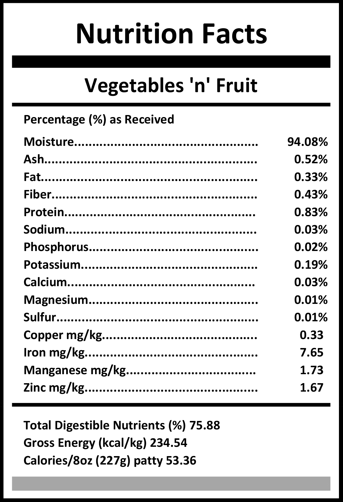 Carnivora Vegetables ’n’ Fruit Nutrition Facts label detailing moisture, fat, protein, minerals, and calories, highlighting its role as a fiber-rich supplement for dogs.