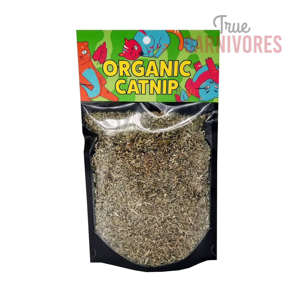 Resealable pouch labeled ORGANIC CATNIP, containing dried Nepeta cataria for cats' enrichment, play, and relaxation. Available in 14g or 55g sizes.