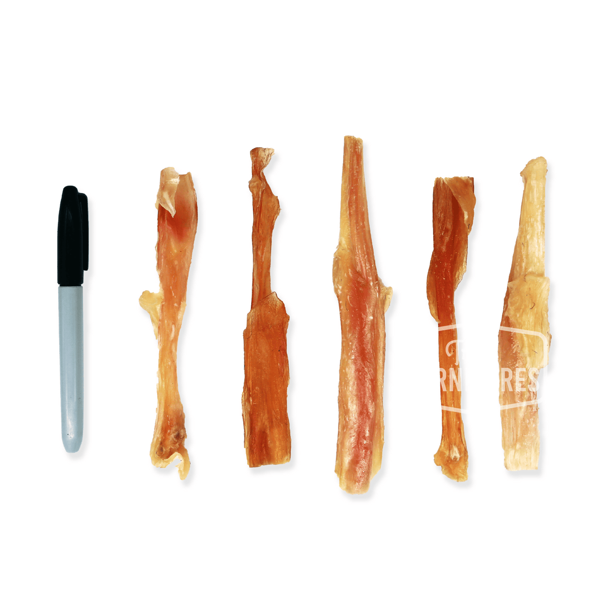 One Ingredient Beef Dental Picks – 10 Pack, shown with a pen for scale, featuring six dehydrated beef tendon chews, each approximately 6–8 long, ideal for small to medium dogs.