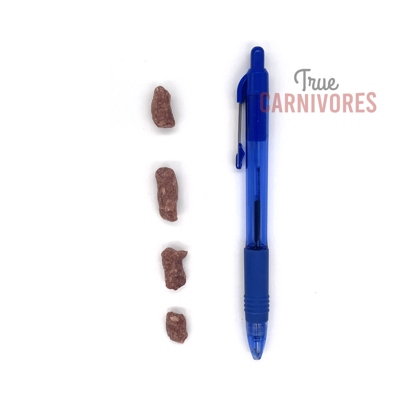 Four irregularly-shaped brown nuggets of One Ingredient Freeze Dried Duck Bites 60g, alongside a blue pen for scale, highlight their compact size.