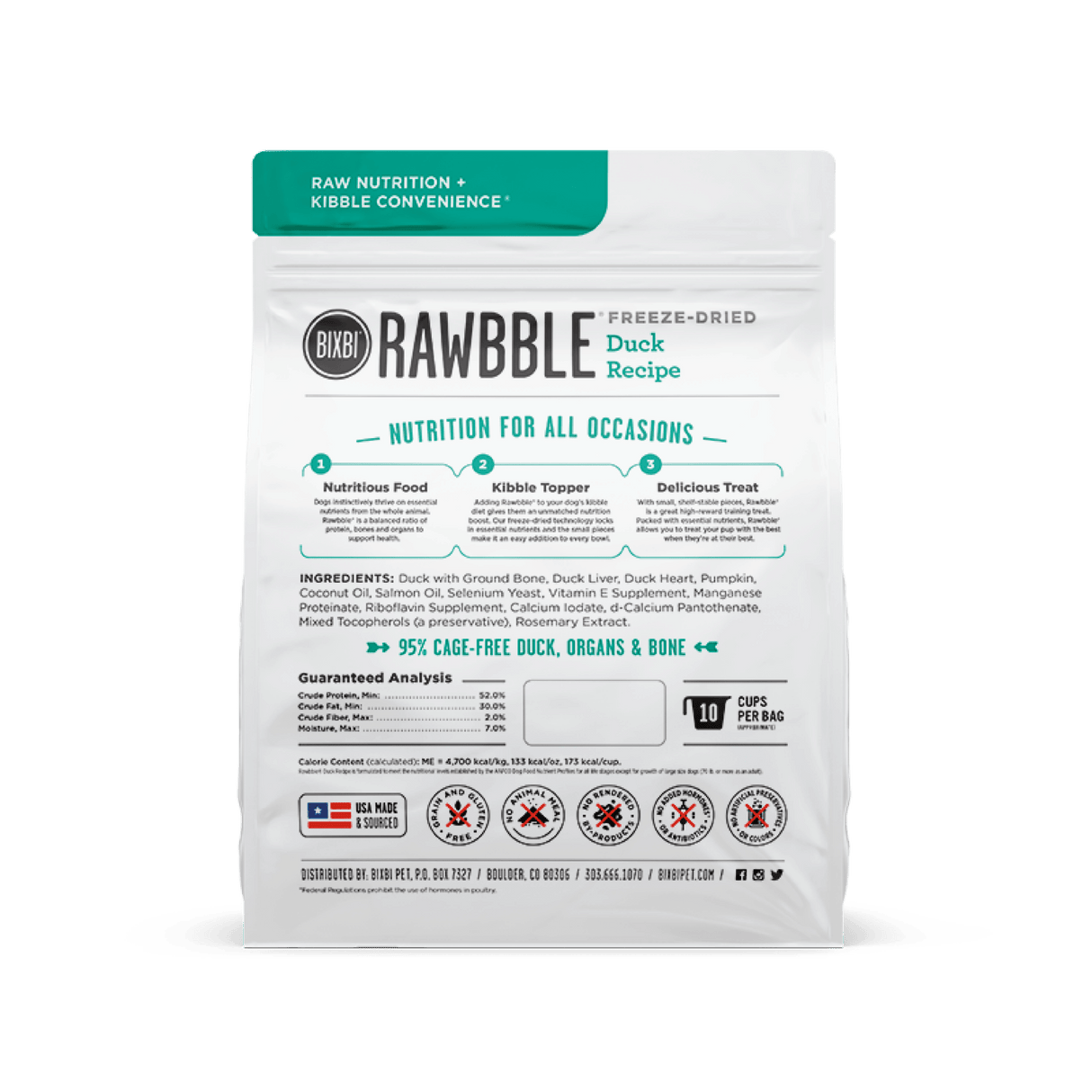 BIXBI Rawbble Duck Recipe for Dogs, freeze-dried pet food with 95% cage-free duck, acts as a meal, topper, or treat, featuring bite-size pieces.