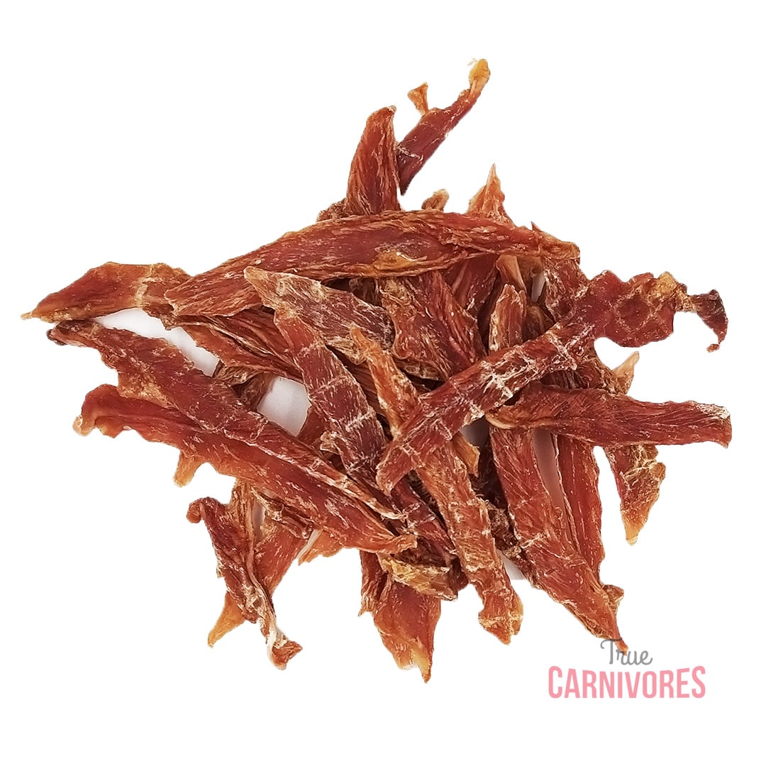 One Ingredient Dehydrated Duck Breast Fillet 100g, showing a small pile of lean, dehydrated duck strips, ideal for sensitive pets, crafted in Canada.