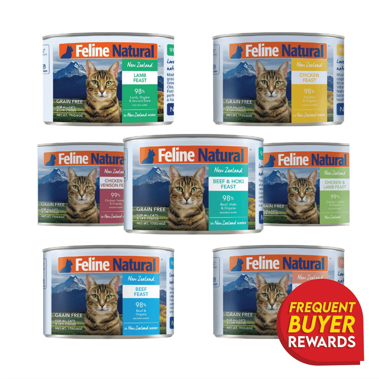 Feline Natural Canned Food for Cats showcases seven grain-free flavors with cat images on labels, highlighting a Frequent Buyer Rewards badge for protein-rich hydration.
