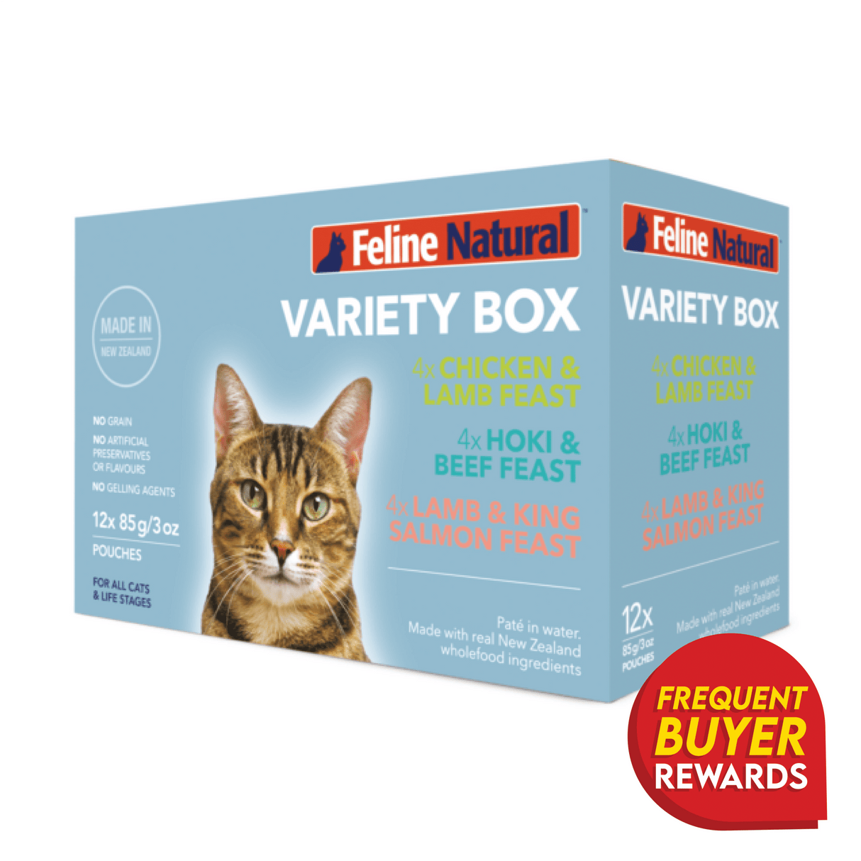 Feline Natural Pouches - Variety Box of 12 pouches, featuring grain-free wet cat food in three high-meat flavors, highlighting New Zealand origin and convenient feeding.
