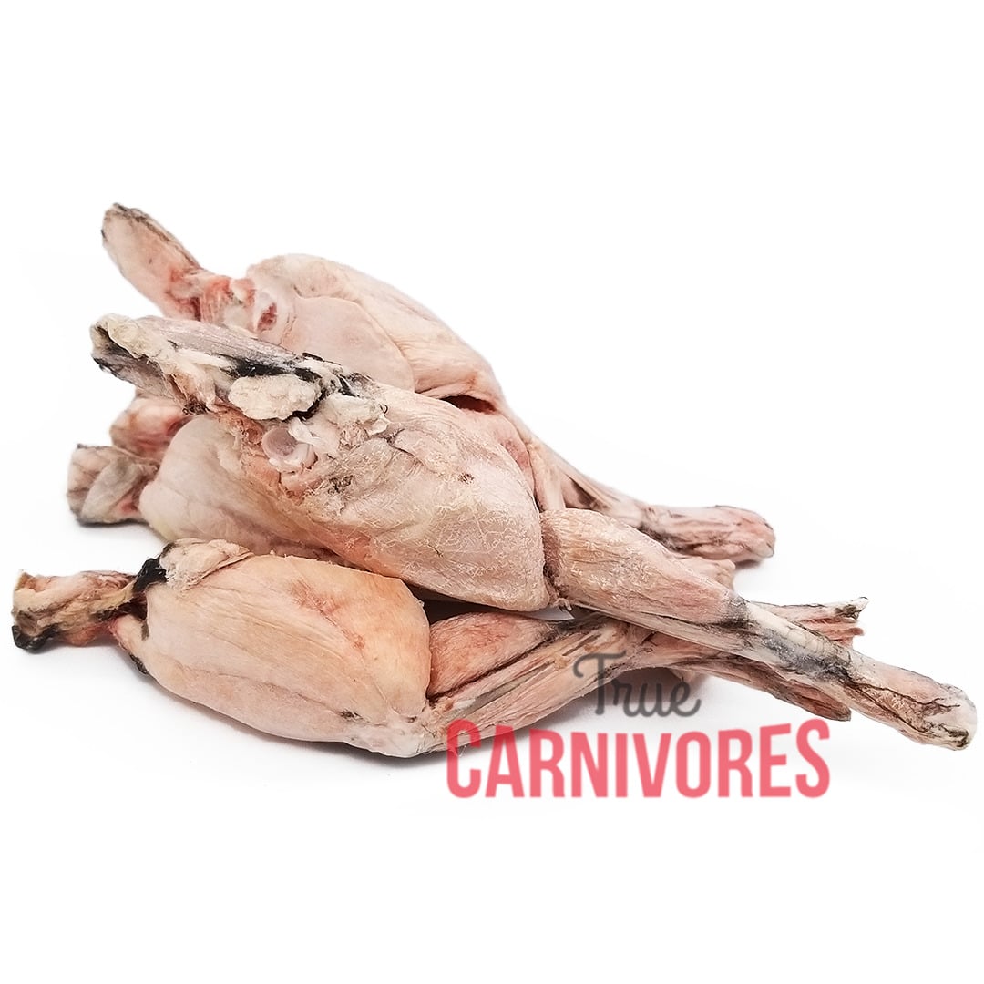 Cryogenically Freeze-Dried Frog Legs, a small pile of five individual low-fat, allergen-friendly pet treats, freeze-dried to preserve freshness and nutrition.