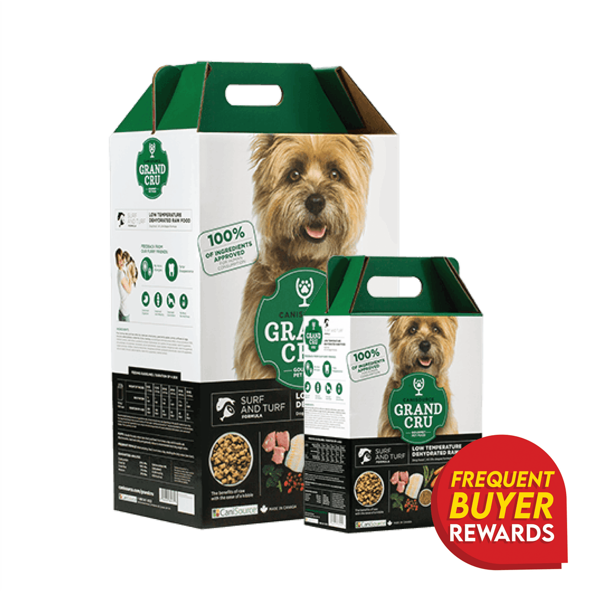 Grand Cru Surf & Turf for Dogs in green-and-white boxes features a shaggy dog portrait, emphasizing its raw, mixed-protein, air-dried formula with buyer rewards.