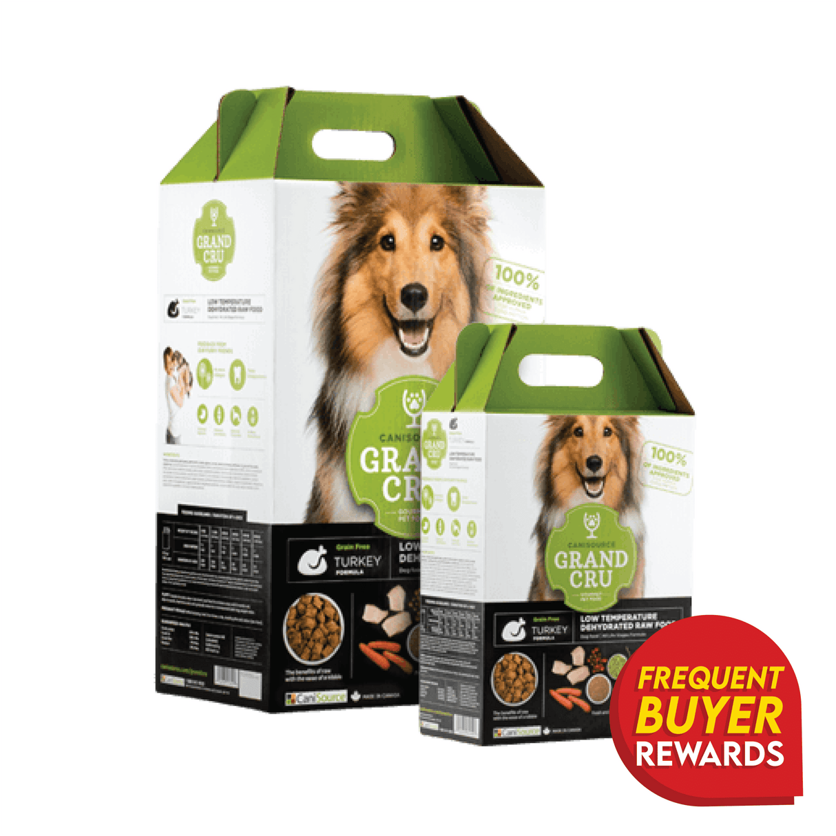 Grand Cru Turkey for Dogs features grain-free, dehydrated raw formula with turkey and carrots, plus a Frequent Buyer Rewards badge on the packaging.
