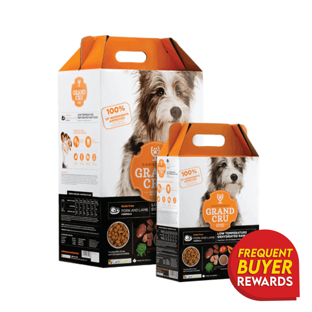 Grand Cru Pork with Lamb for Dogs in two carry-boxes, featuring a fluffy dog image, ingredient highlights, and a Frequent Buyer Rewards badge.