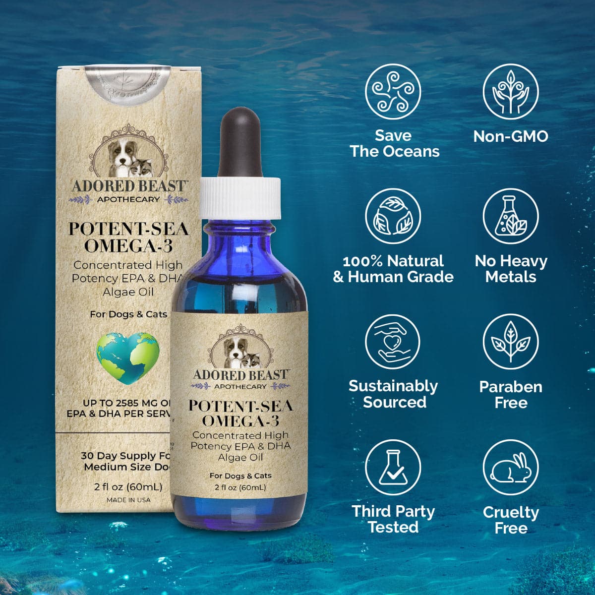 Adored Beast Potent-Sea Omega-3 Oil for pets, featuring a blue dropper bottle and box detailing high-potency EPA/DHA algae oil, sustainably sourced, cruelty-free, and non-GMO.