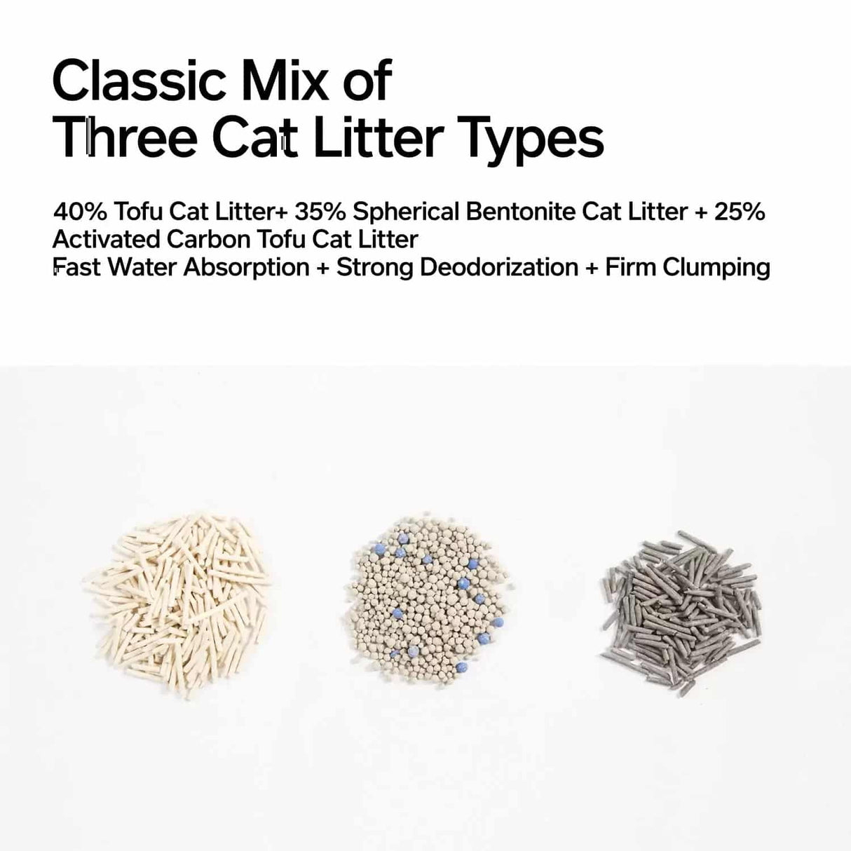 Pidan 3-in-1 Mixed Tofu Litter 5.2kg features off-white, beige, and dark gray litter types, highlighting fast absorption, strong deodorization, and firm clumping.