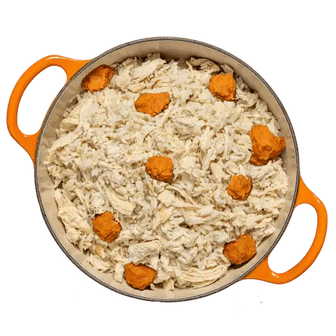 Tom & Sawyer Tummy Tamer in orange-handled dish with shredded chicken and orange purée, designed for sensitive dogs' digestion and hydration support.