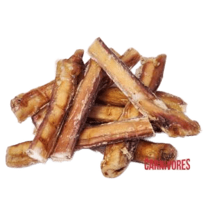 One Ingredient Canadian Beef Mini Bullies 400g features a pile of dried chew sticks, ideal for small dogs, made from 100% Canadian beef pizzle.