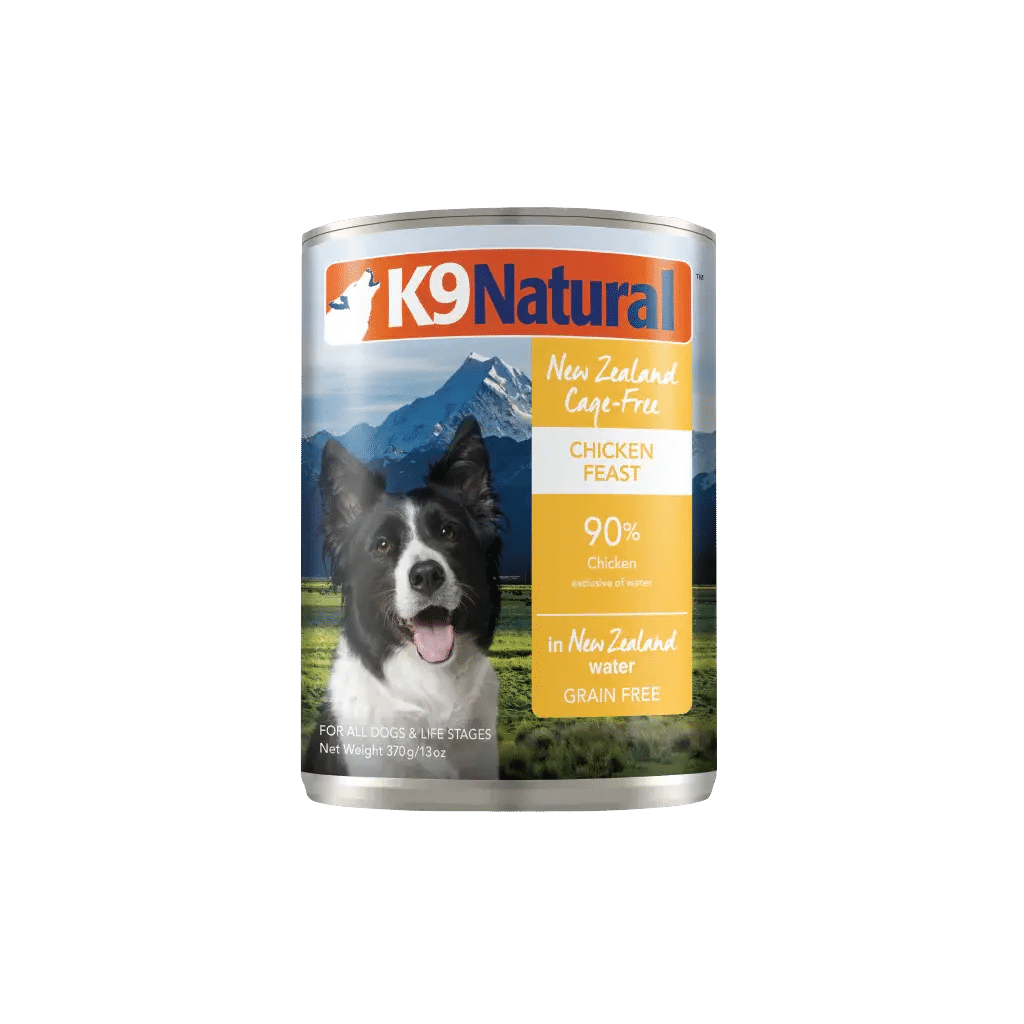 K9 Natural Canned Food for Dogs, New Zealand Cage-Free Chicken Feast, 90% chicken, grain-free, 370g can; protein-rich hydration, ready to serve.