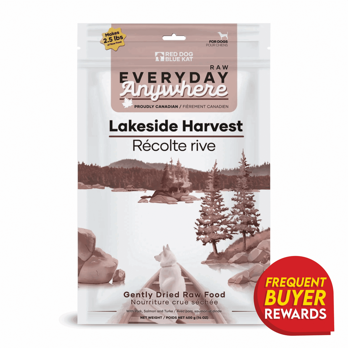 RDBK Everyday Raw Anywhere Lakeside Harvest for Dogs, a dried raw food pouch with pork, salmon, turkey; labeled Canadian, includes a “Frequent Buyer Rewards” badge.