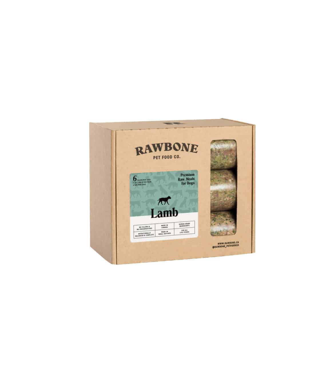 RAWBONE Pet Food Co. box of Rawbone Mixed Protein Lamb Meal, showing six 1-lb tubes of raw lamb-based dog food inside, ready for freezer storage.