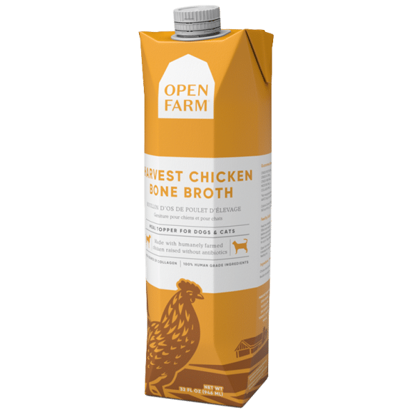 Open Farm Harvest Chicken Bone Broth 32-fl oz carton for dogs and cats; Tetra Pak with gray cap, promotes hydration and nourishment using human-grade chicken ingredients.