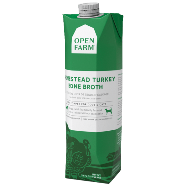 Open Farm Homestead Turkey Bone Broth carton, 32 fl oz, for dogs and cats; labeled with humanely raised turkey, collagen, and human-grade ingredients.