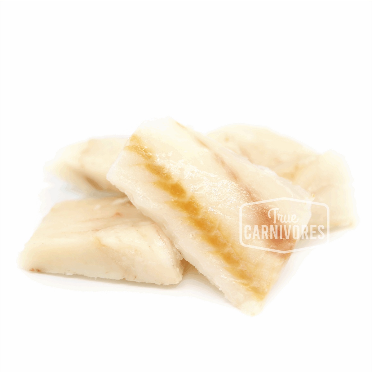 Back 2 Basics Pacific Cod Fillets: Thin, off-white freeze-dried fish bars, high-protein, single-ingredient treats, visible faint yellowish skin stripes, laid on white background.