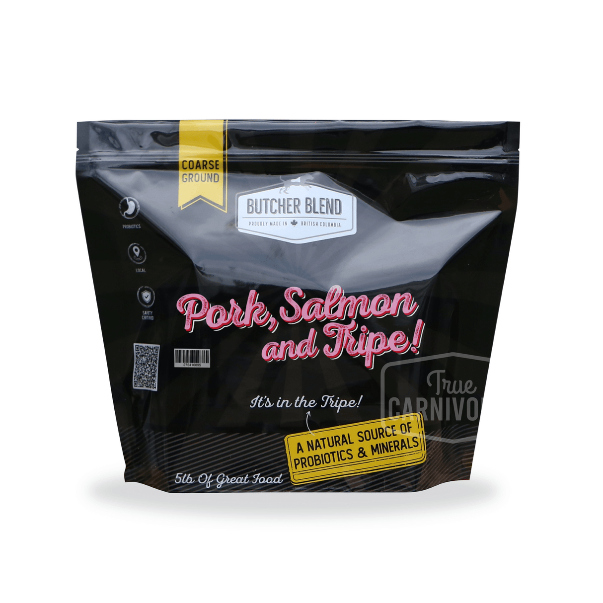 Butcher Blend Pork, Salmon & Tripe for Dogs in a 5 lb resealable pouch, highlighting probiotics, local sourcing, and safety certification, made in British Columbia.