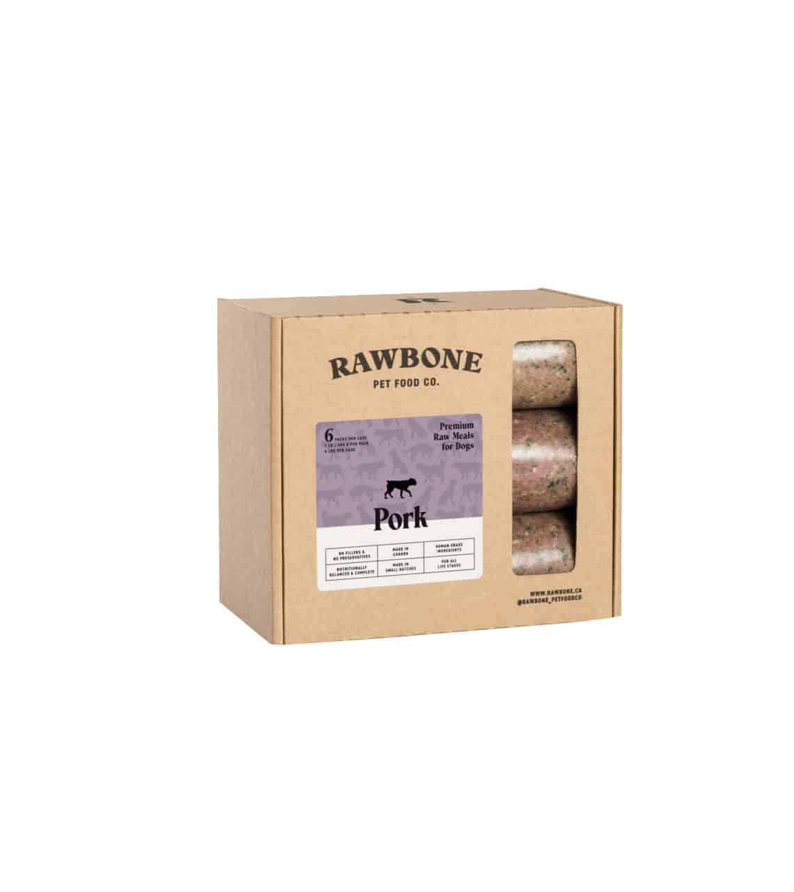 Rawbone Mixed Protein Pork Meal box with visible raw pork patties, labeled Premium Raw Meals for Dogs, highlighting no fillers, human grade ingredients, and nutritionally balanced.