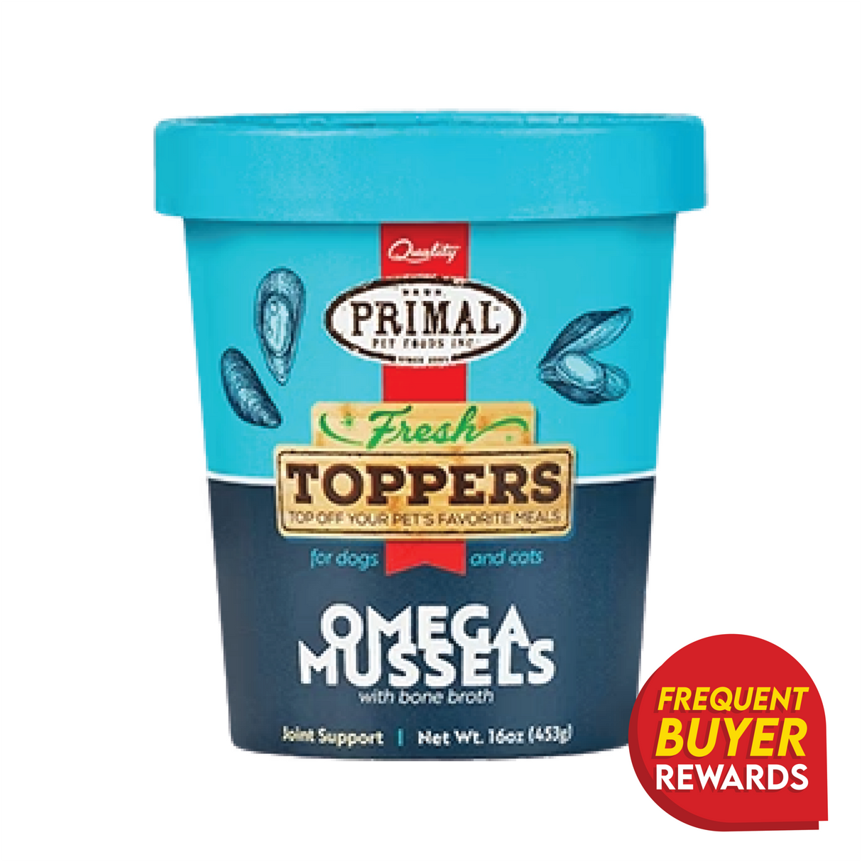 Primal Omega Mussel Fresh Topper tub for pets, highlighting joint support with omega-3s and bone broth. Includes Frequent Buyer Rewards badge in the corner.
