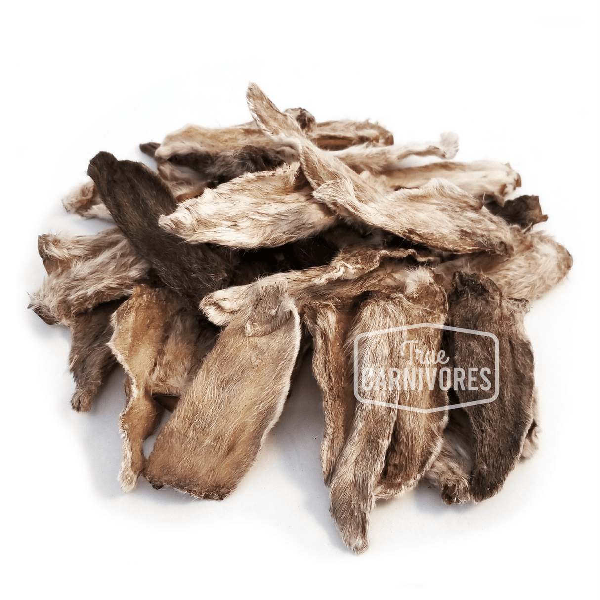 One Ingredient Rabbit Ears 55g shows a pile of dried rabbit ears with fur, marketed as a natural chew treat for cats and dogs, promoting digestive health.