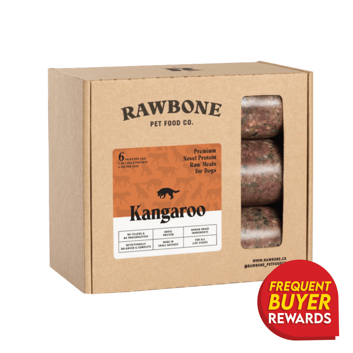 RAWBONE Pet Food Co.'s Kangaroo raw meal case, 6-pack, features visible patties, promoting lean, novel-protein nutrition, with a Frequent Buyer Rewards badge.