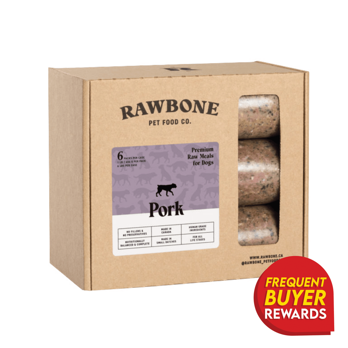 Rawbone Mixed Protein Pork Meal 6-pack, featuring 1-lb tubes of raw, species-appropriate dog food with a red Frequent Buyer Rewards badge in the corner.