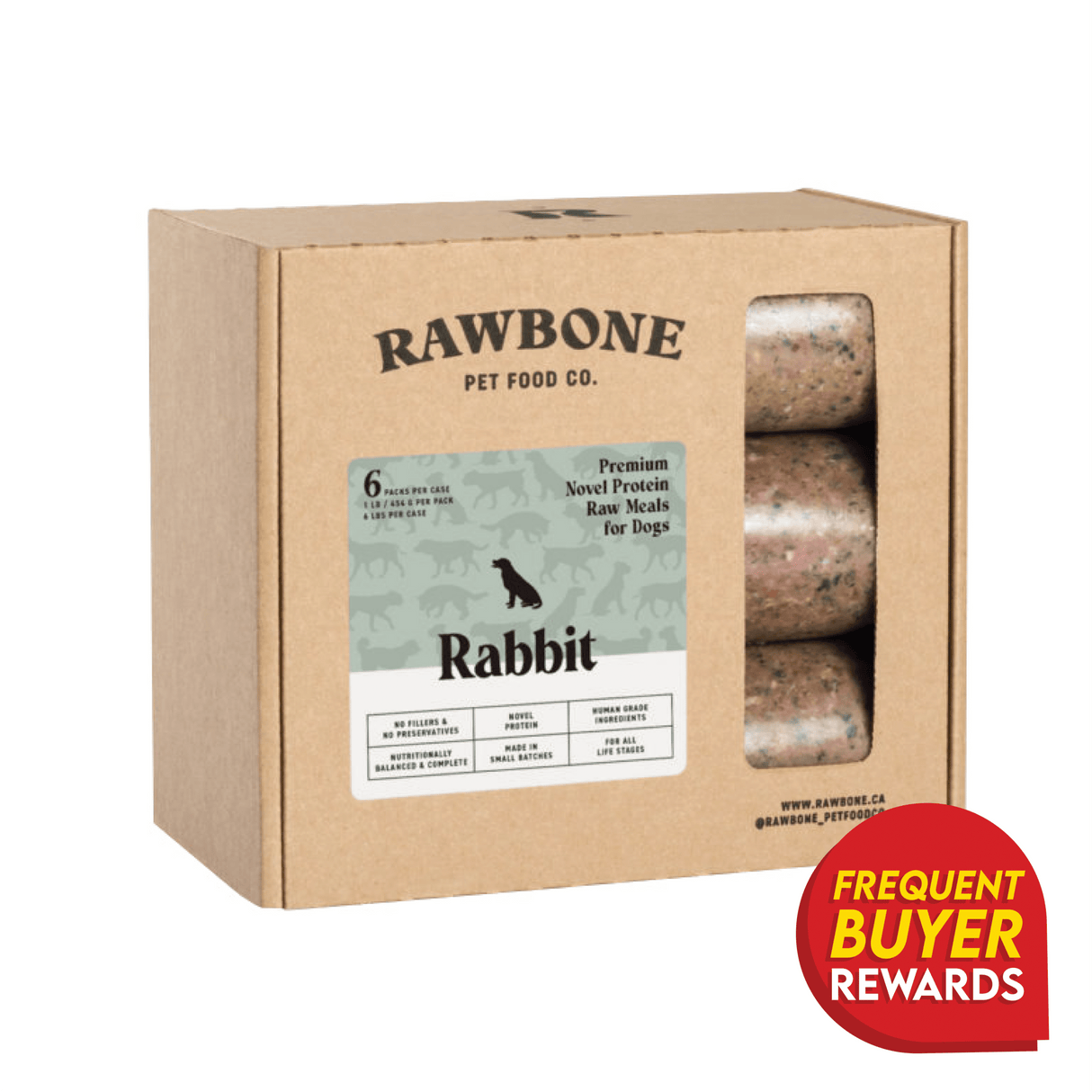 Rawbone Mixed Protein Rabbit Meal case with six 1-lb packs, featuring visible frozen patties, Rabbit label, and Frequent Buyer Rewards badge, offering raw nutrition for dogs.