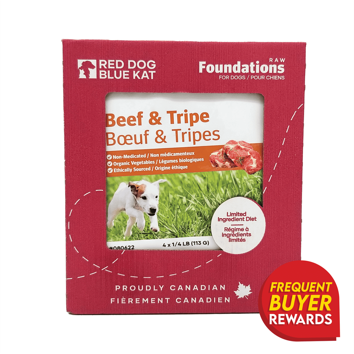 Packaging for Red Dog Blue Kat Beef and Tripe for Dogs, featuring limited-ingredient, raw beef and tripe patties. Includes āProudly Canadianā and āFrequent Buyer Rewardsā badges.